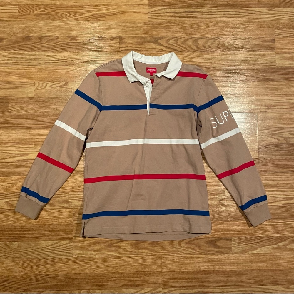 🔥 Supreme New York Striped Rugby – Khaki/Royal Blue/Red/White – Large